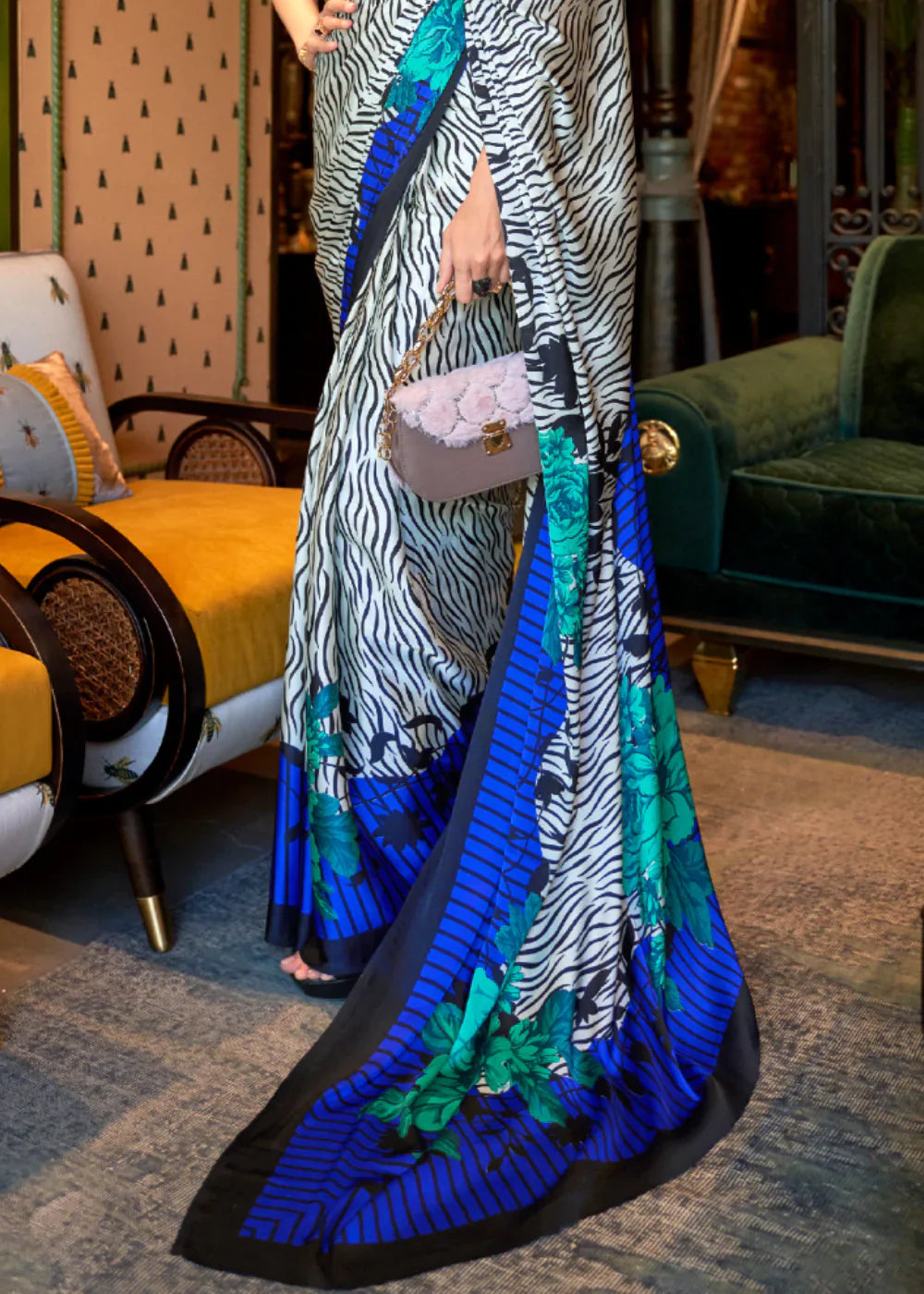 Edward White And Blue Printed Satin Silk Saree