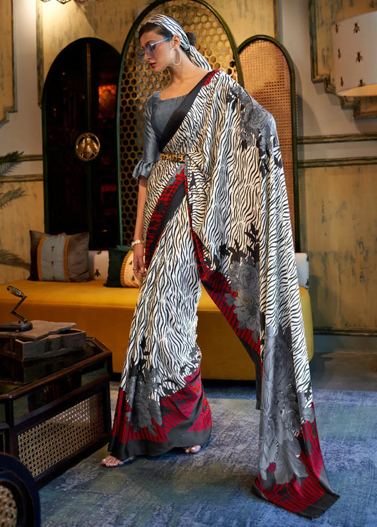 Stack White And Maroon Printed Satin Silk Saree