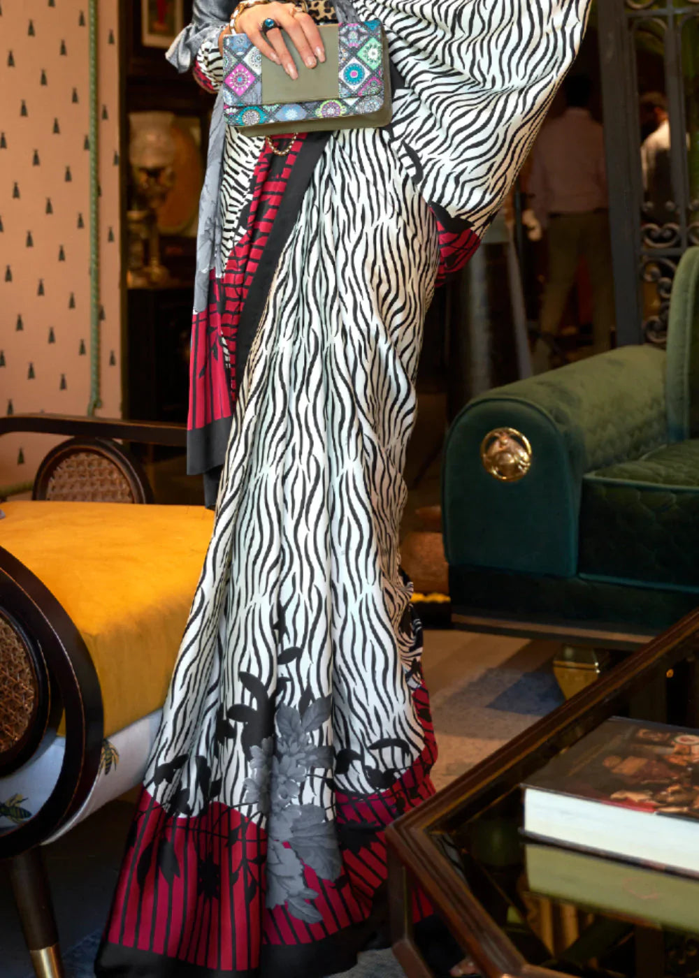 Stack White And Maroon Printed Satin Silk Saree