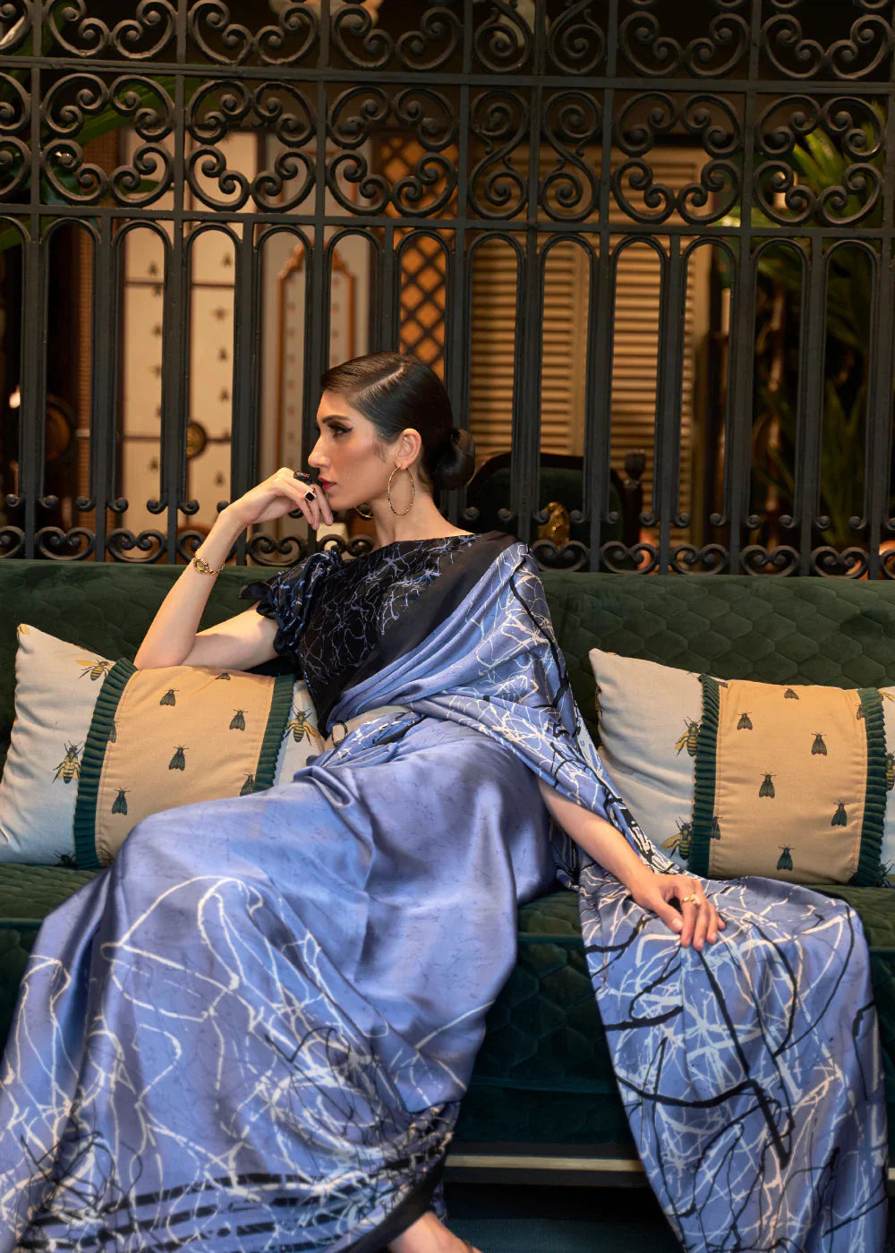 Portage Blue And Black Printed Satin Silk Saree