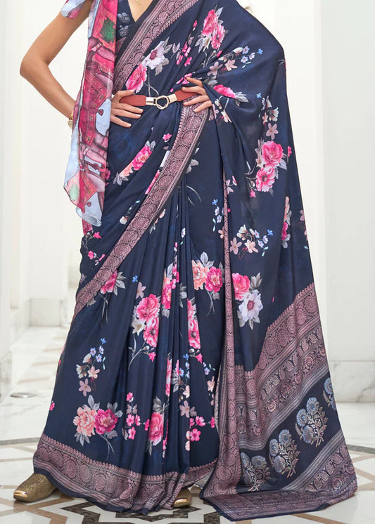 Blue Partywear Floral Digital Printed Silk Saree