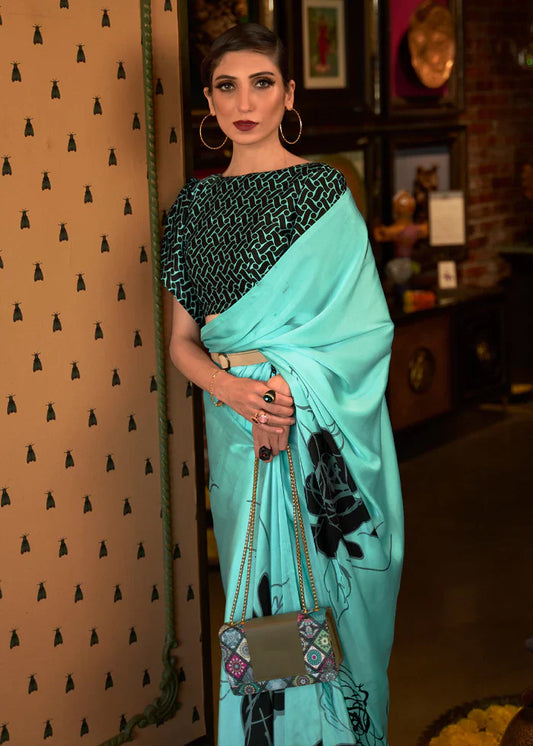 Monte Carlo Blue And Black Printed Satin Silk Saree