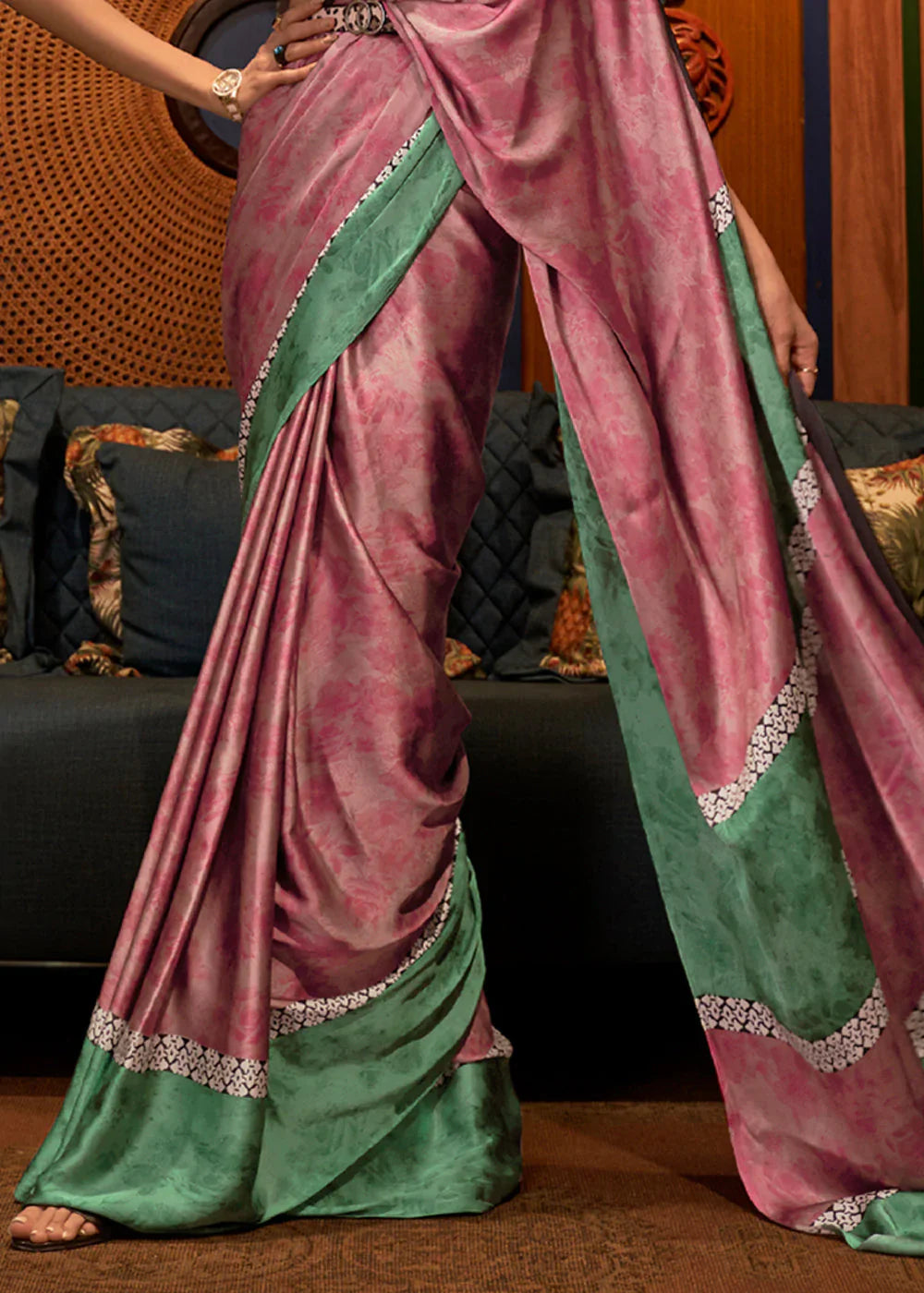 Copper Rust Pink And Green Printed Satin Silk Saree