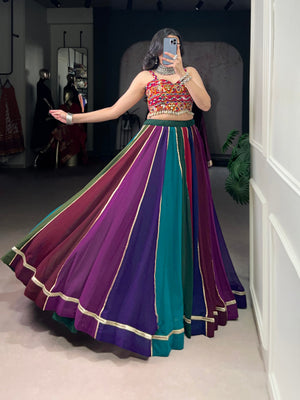 Model wearing Multi-Color Kali Panel Georgette Lehenga with Gota Patti Border Detailing Navratri Chaniya Choli Set by The Beauty Queen