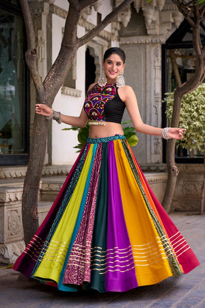 Model wearing Multi-Color Kali Panel Pure Rayon Lehenga Featuring Printed Design with Gota Patti Detailing Navratri Chaniya Choli Set by The Beauty Queen