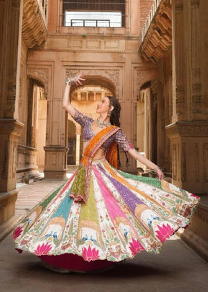 Multi-Color Heavy Muslin Cotton Digital Print And Real Mirror Work Navratri Lehenga Choli Set By The Beauty Queen