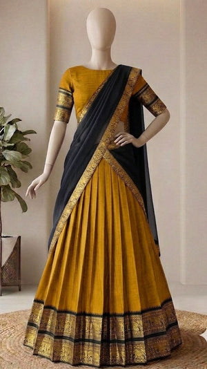 Mustard Yellow and Jet Black Kanci Cotton Zari Weaving Work South Indian Half Saree Langa Voni Set flat lay view by The Beauty Queen