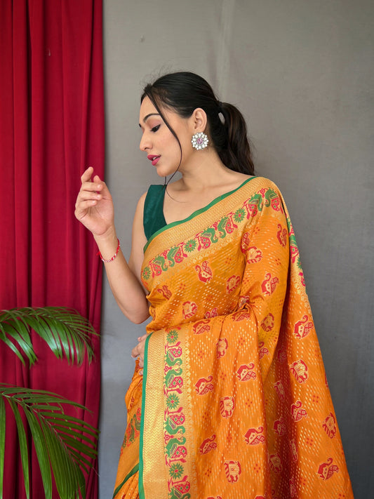 Mustard Kachii Patola Weaving Saree With Meenakari Border Saree