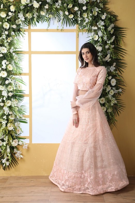 Peach net thread embroidered wedding lehenga choli