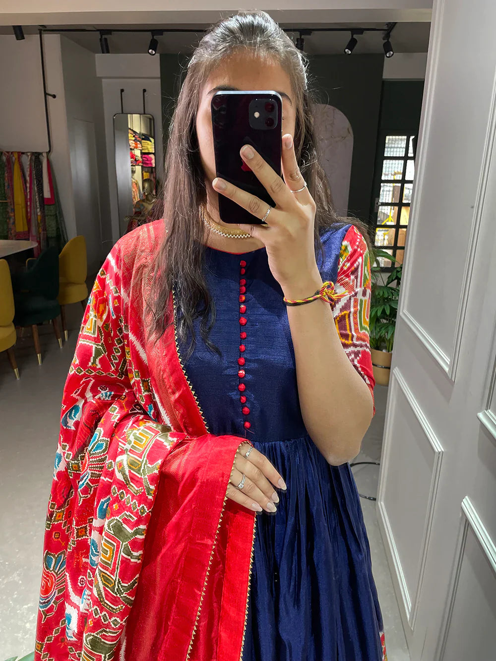 Blue Color Patola And Foil Printed Dola Silk Gown