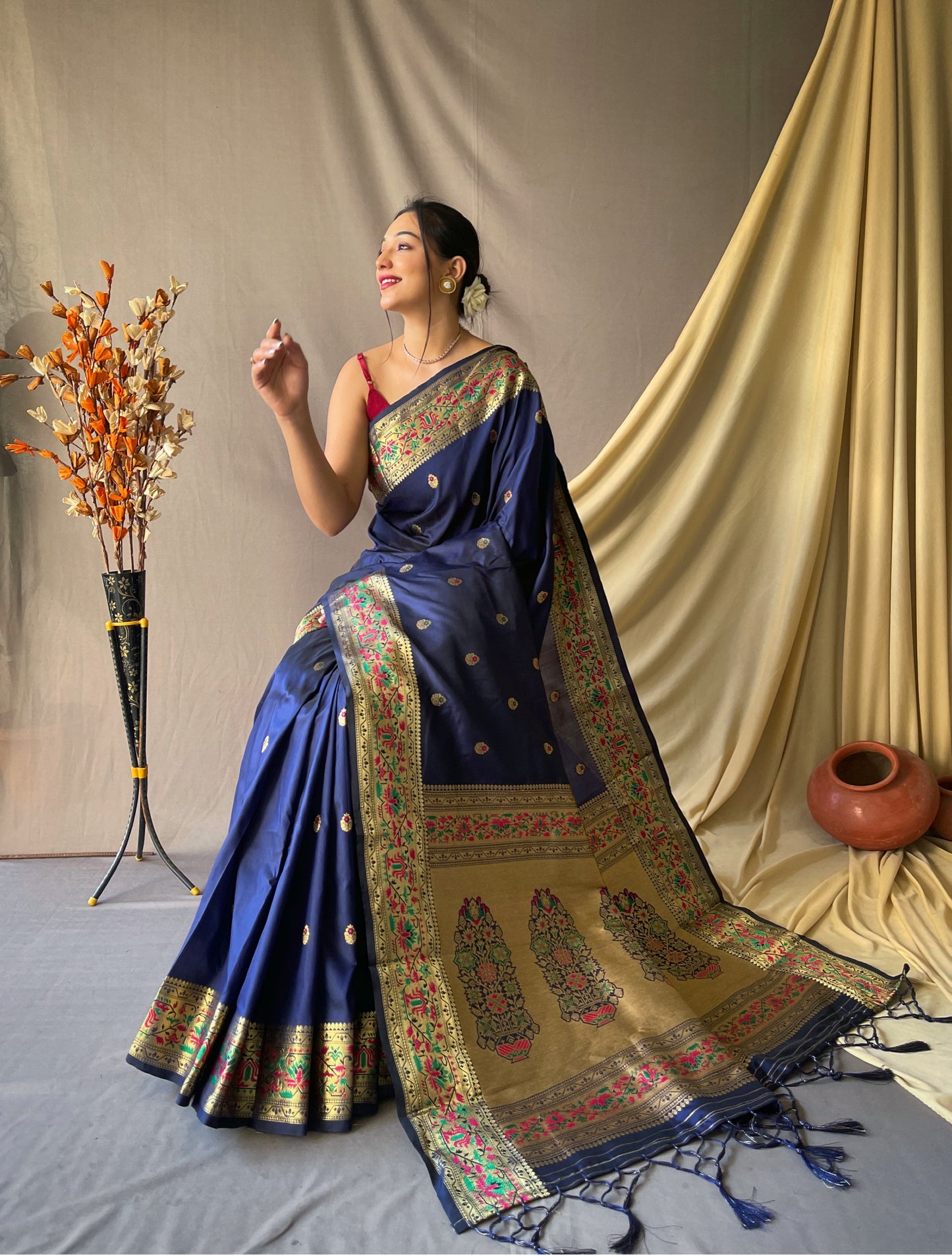Navy Blue Color Floral Woven Design Zari Paithani Saree