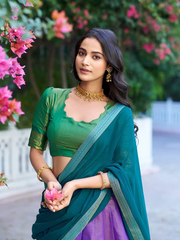 Lavender Kanchipuram Silk Lehenga Choli – Traditional Zari Weaving Work South Indian Set