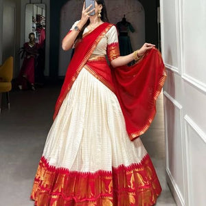 Model Wearing Off White And Red Poly Cotton Checks With Zari Weaving Elephant Border Half Saree Langa Voni Set By The Beauty Queen
