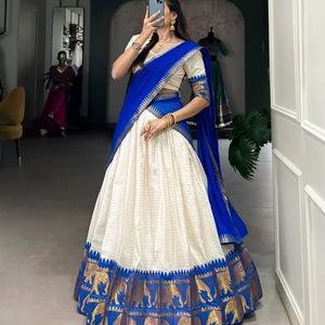 Model Wearing Off White And Royal Blue Poly Cotton Checks With Zari Weaving Elephant Border Half Saree Langa Voni Set By The Beauty Queen
