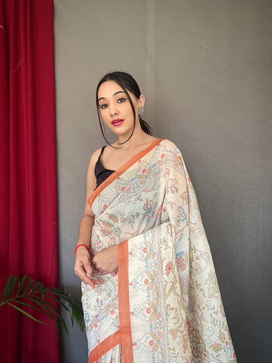 Orange Designer Malai Silk And Katha Printed Zari Weaving Border Saree