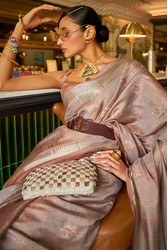 Cherrywood Brown Handloom Weaving Organza Saree
