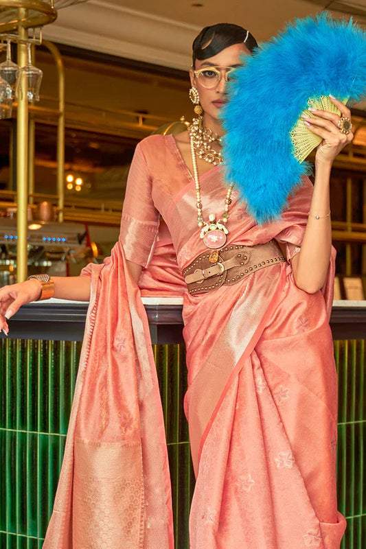 Melon Orange Handloom Weaving Organza Saree