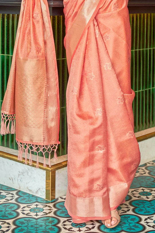 Melon Orange Handloom Weaving Organza Saree