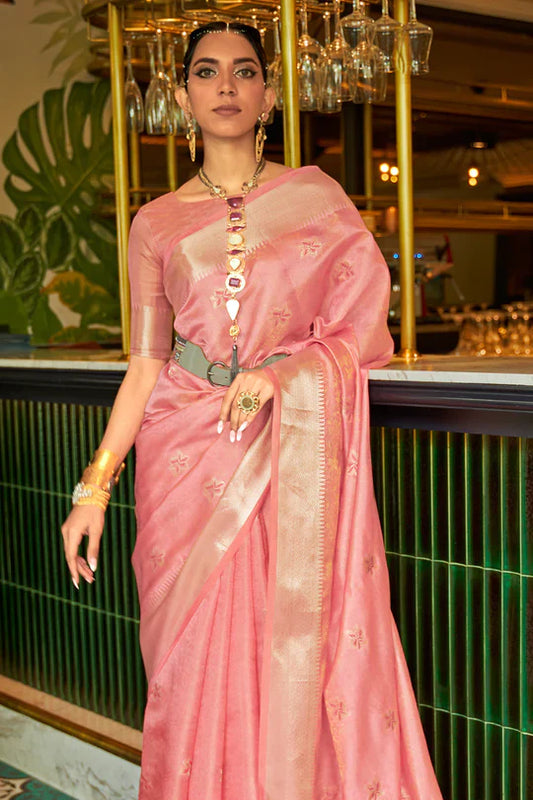 Rose Pink Handloom Weaving Organza Saree