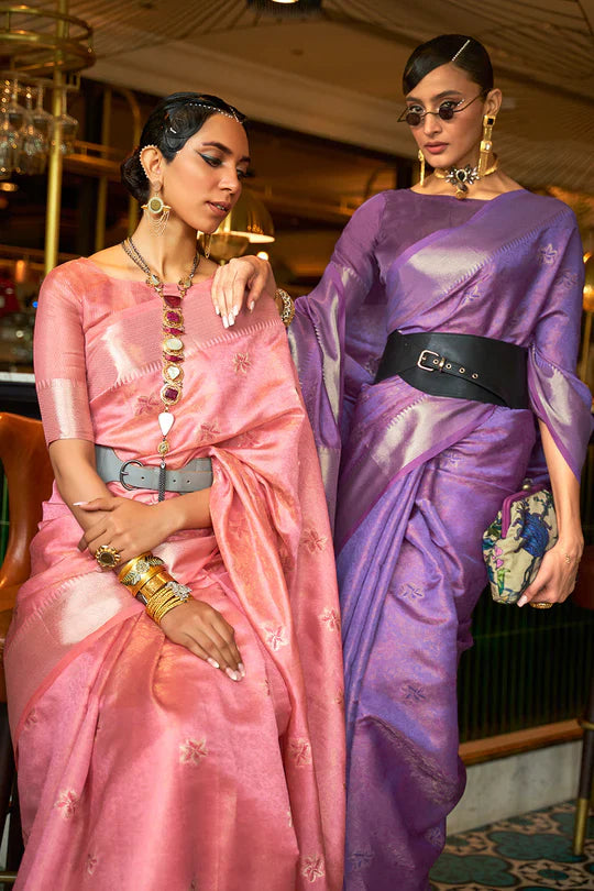 Rose Pink Handloom Weaving Organza Saree