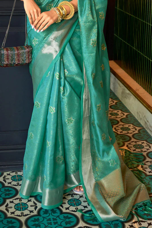 Cyan Green Handloom Weaving Organza Saree