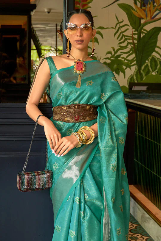 Cyan Green Handloom Weaving Organza Saree