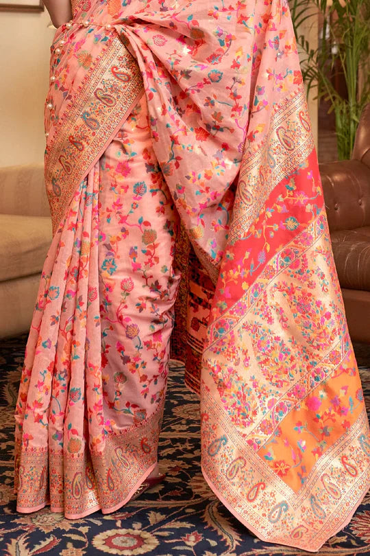 Coral Peach Kashmiri Modal Handloom Weaving Saree