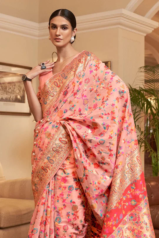 Coral Peach Kashmiri Modal Handloom Weaving Saree