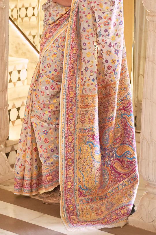 Latest Cream Colour Soft Handloom Weaving Silk Saree With Blouse