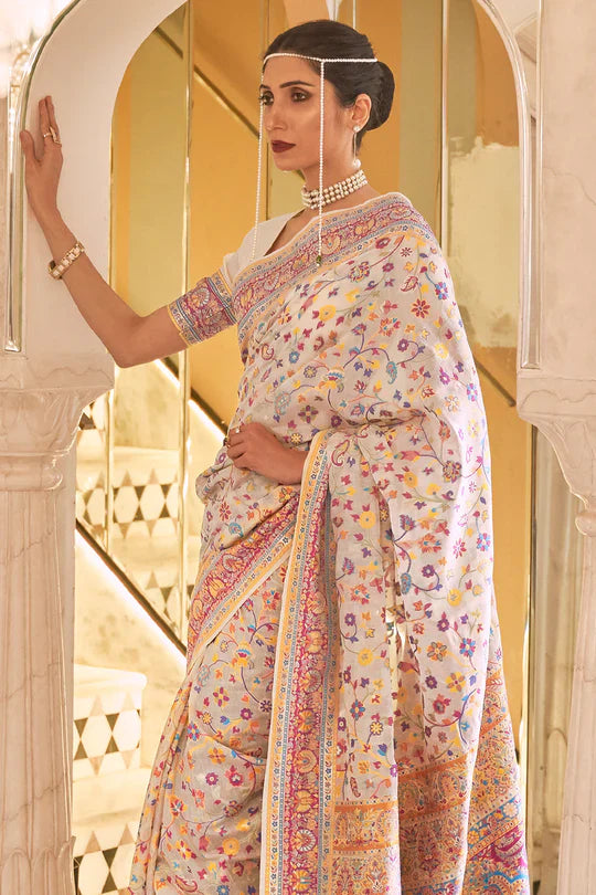 Latest Cream Colour Soft Handloom Weaving Silk Saree With Blouse