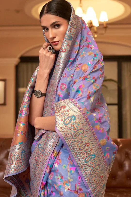 Lilac Purple Kashmiri Modal Handloom Weaving Saree