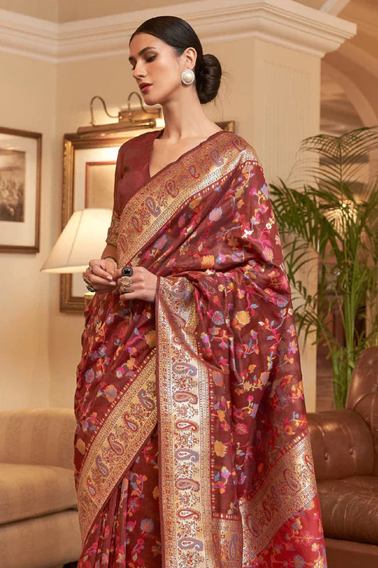 Maroon Kashmiri Modal Handloom Weaving Saree