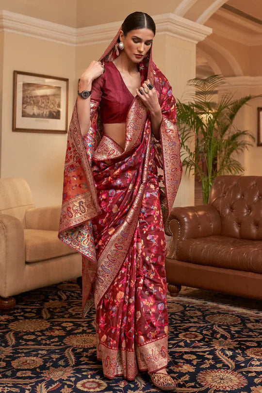 Maroon Kashmiri Modal Handloom Weaving Saree