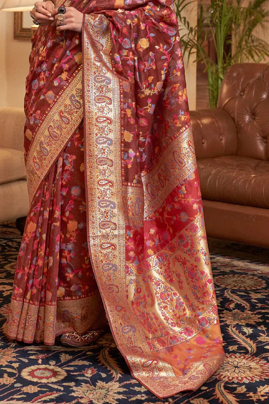 Maroon Kashmiri Modal Handloom Weaving Saree