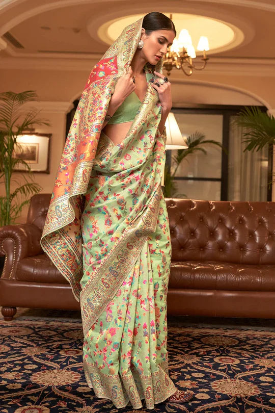 Mint Green Kashmiri Modal Handloom Weaving Saree