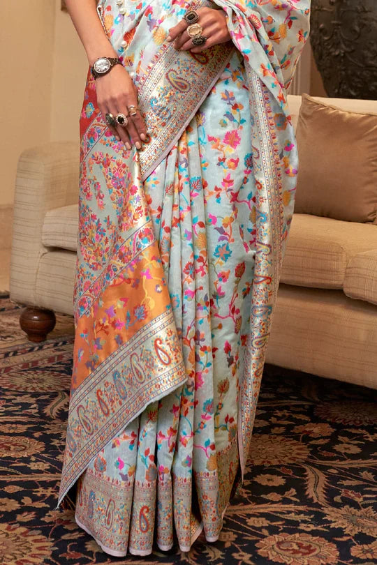 Water Blue Kashmiri Modal Handloom Weaving Saree