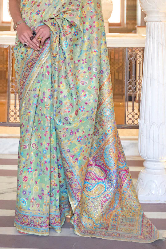 Stylish Mint Green Colour Soft Handloom Weaving Silk Saree With Blouse