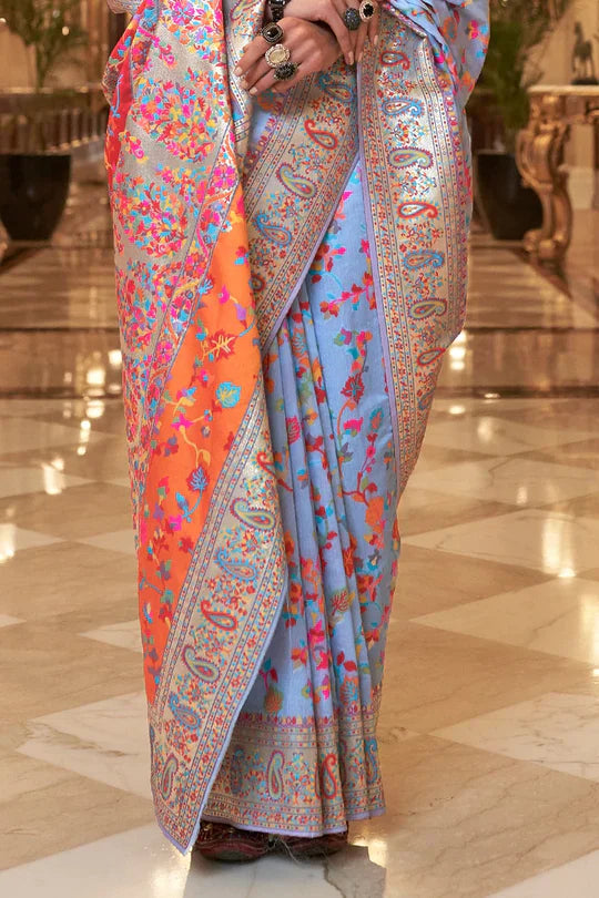 Sky Blue Kashmiri Modal Handloom Weaving Saree