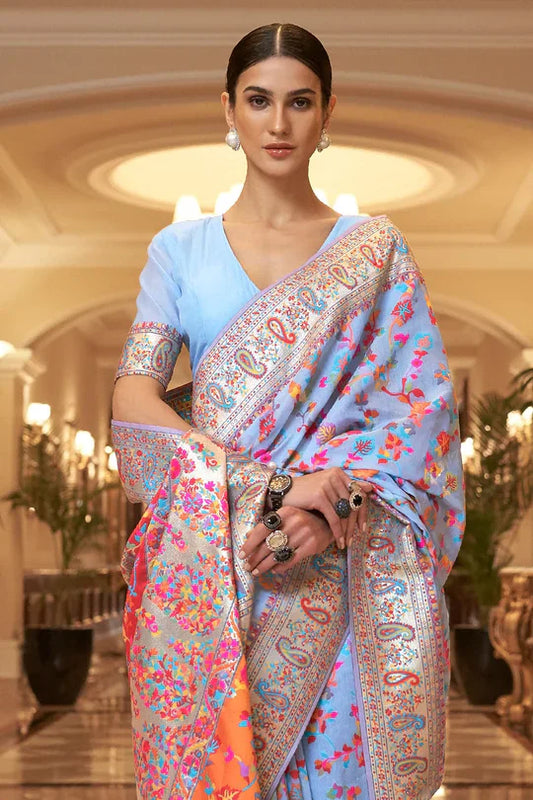 Sky Blue Kashmiri Modal Handloom Weaving Saree
