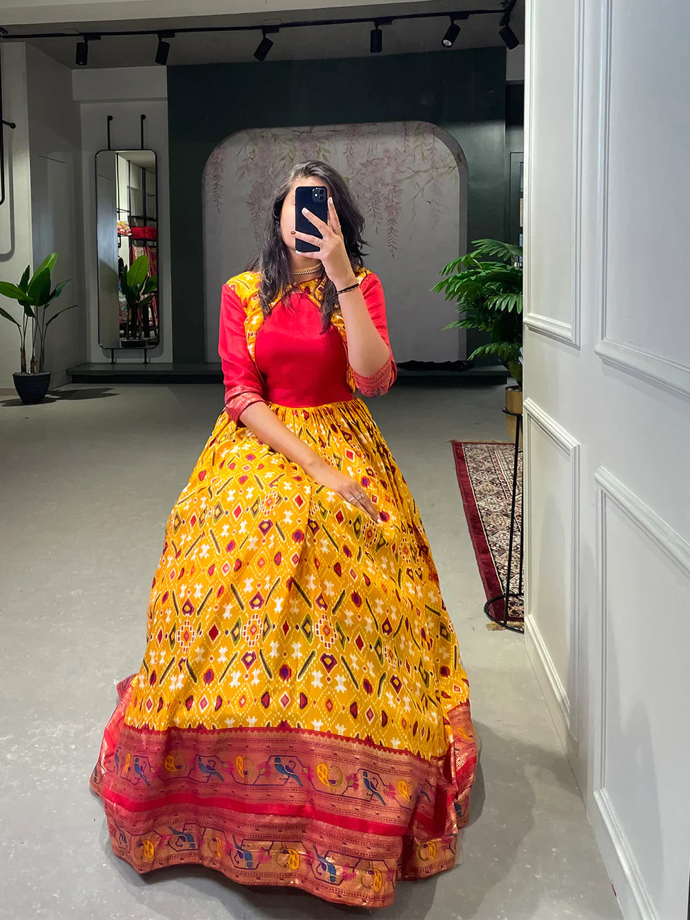 Yellow Color Patola Paithani Printed And Foil Printed Dola Silk Gown