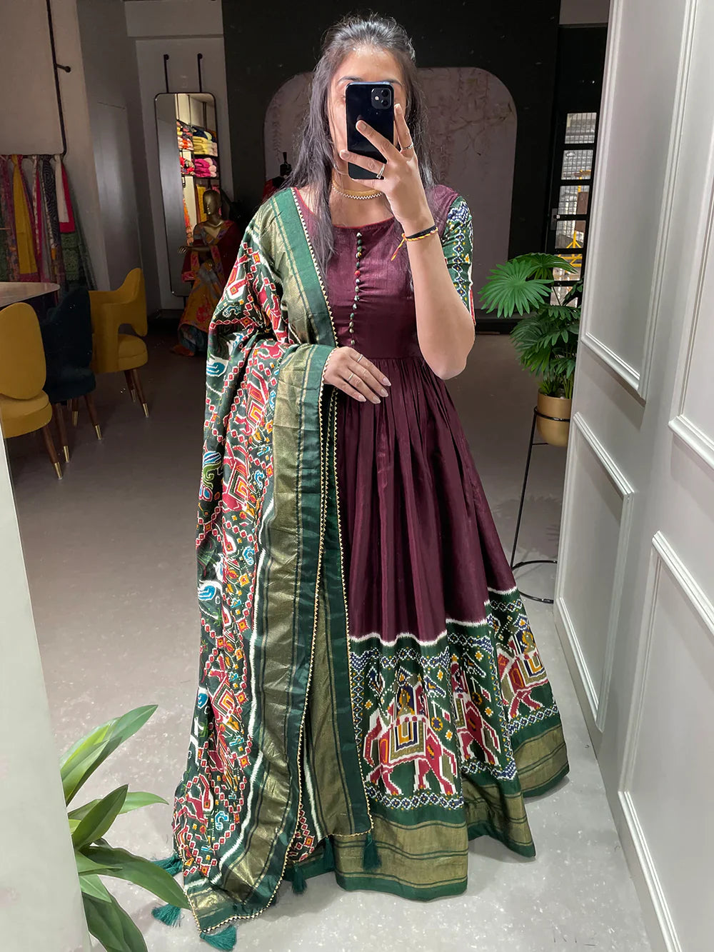 Brown Color Patola And Foil Printed Dola Silk Gown