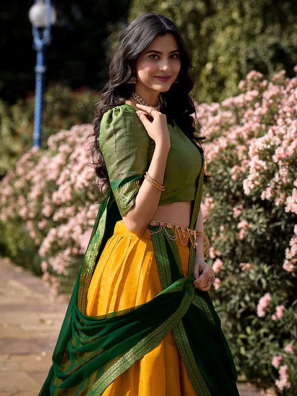 Yellow Kanchipuram Silk Lehenga Choli – Traditional Zari Weaving Work South Indian Set