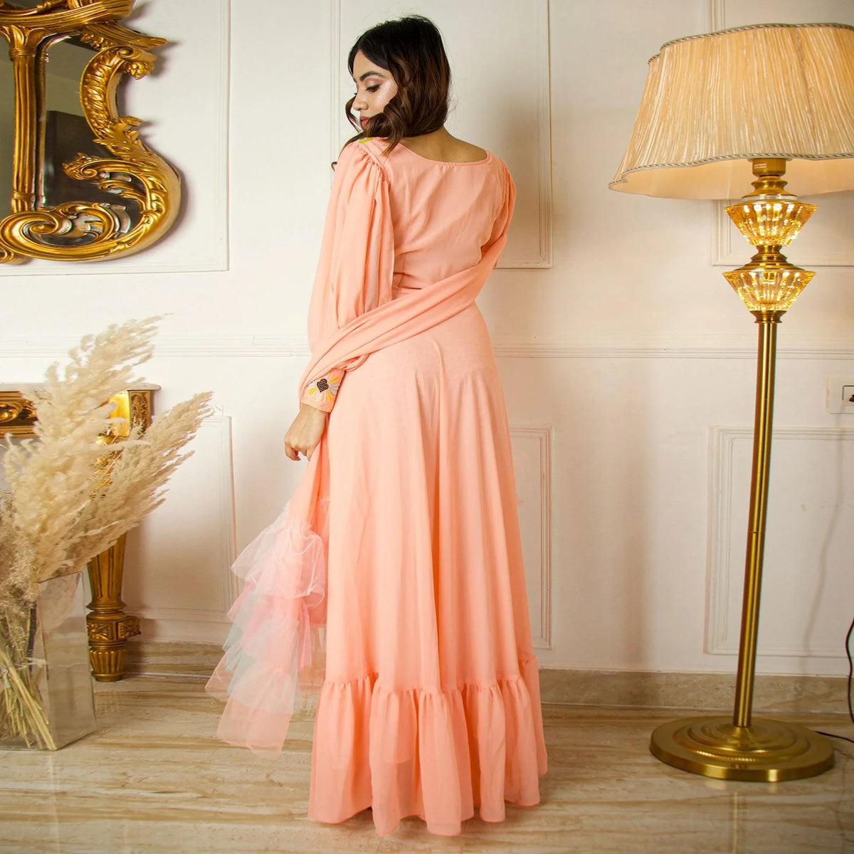 Peach Floral Embroidered With Side Open Sleeves Georgette Partywear Gown