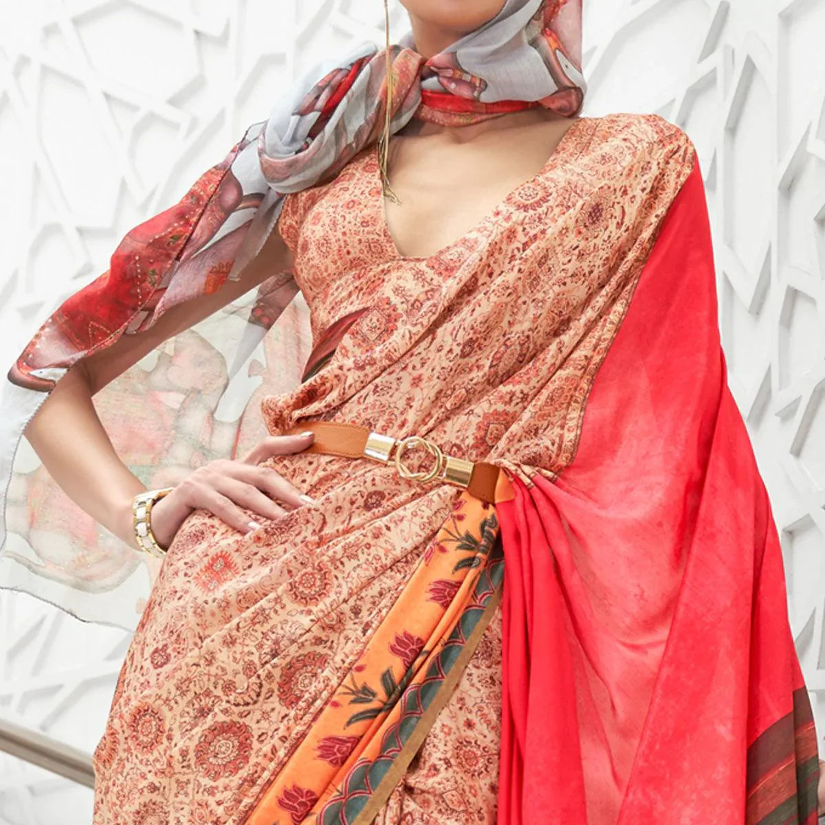 Peach Partywear Floral Digital Printed Silk Saree