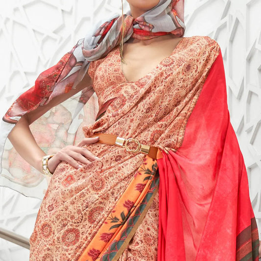 Peach Partywear Floral Digital Printed Silk Saree