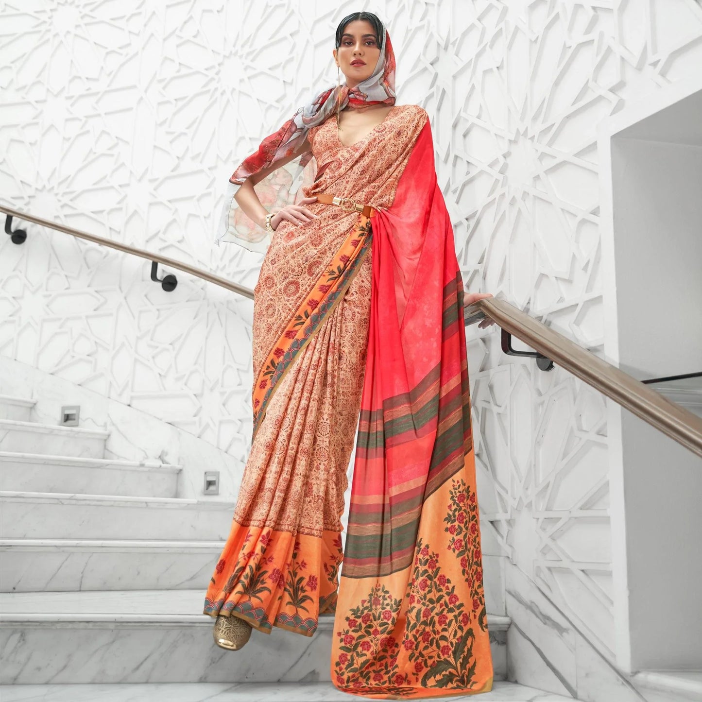 Peach Partywear Floral Digital Printed Silk Saree