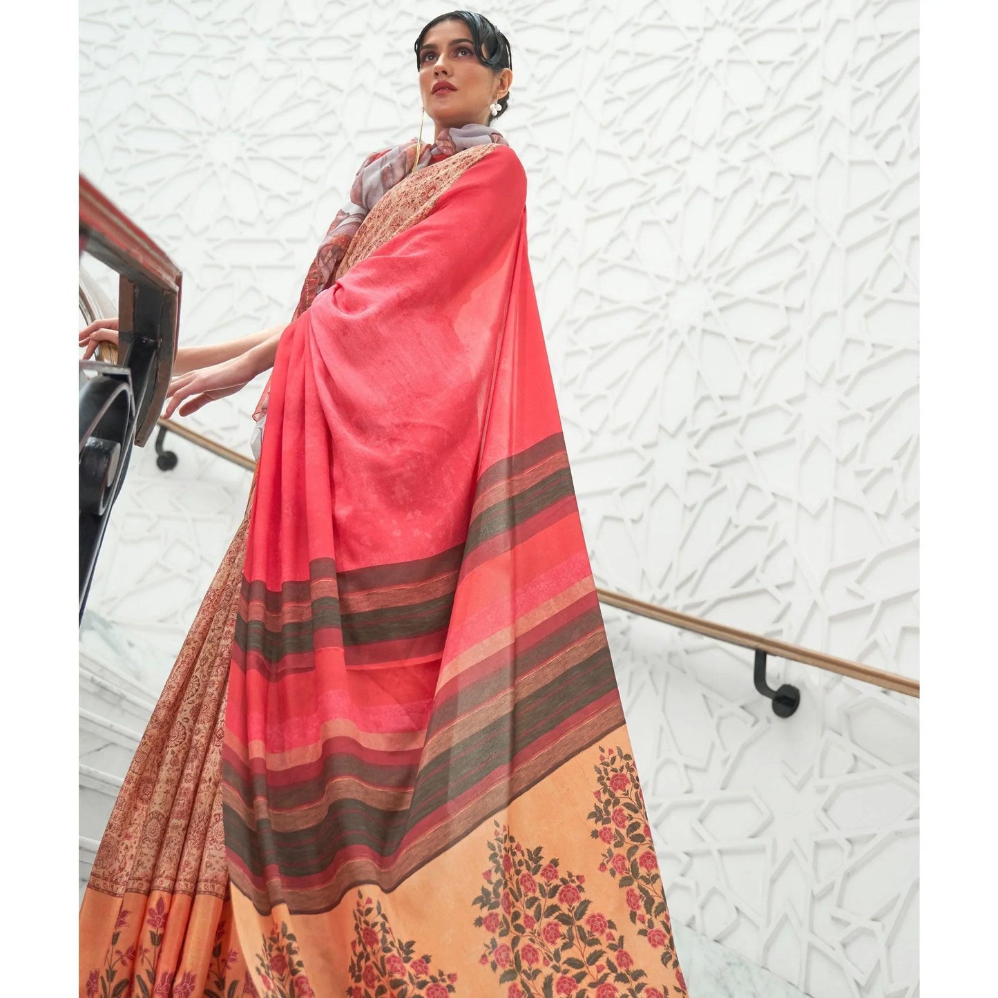 Peach Partywear Floral Digital Printed Silk Saree