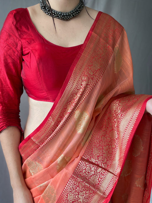 Peach Soft Linen Weaving Sarees With Contrast Weaving Border And Pallu. Paired With Contrast Unstitched Blouse