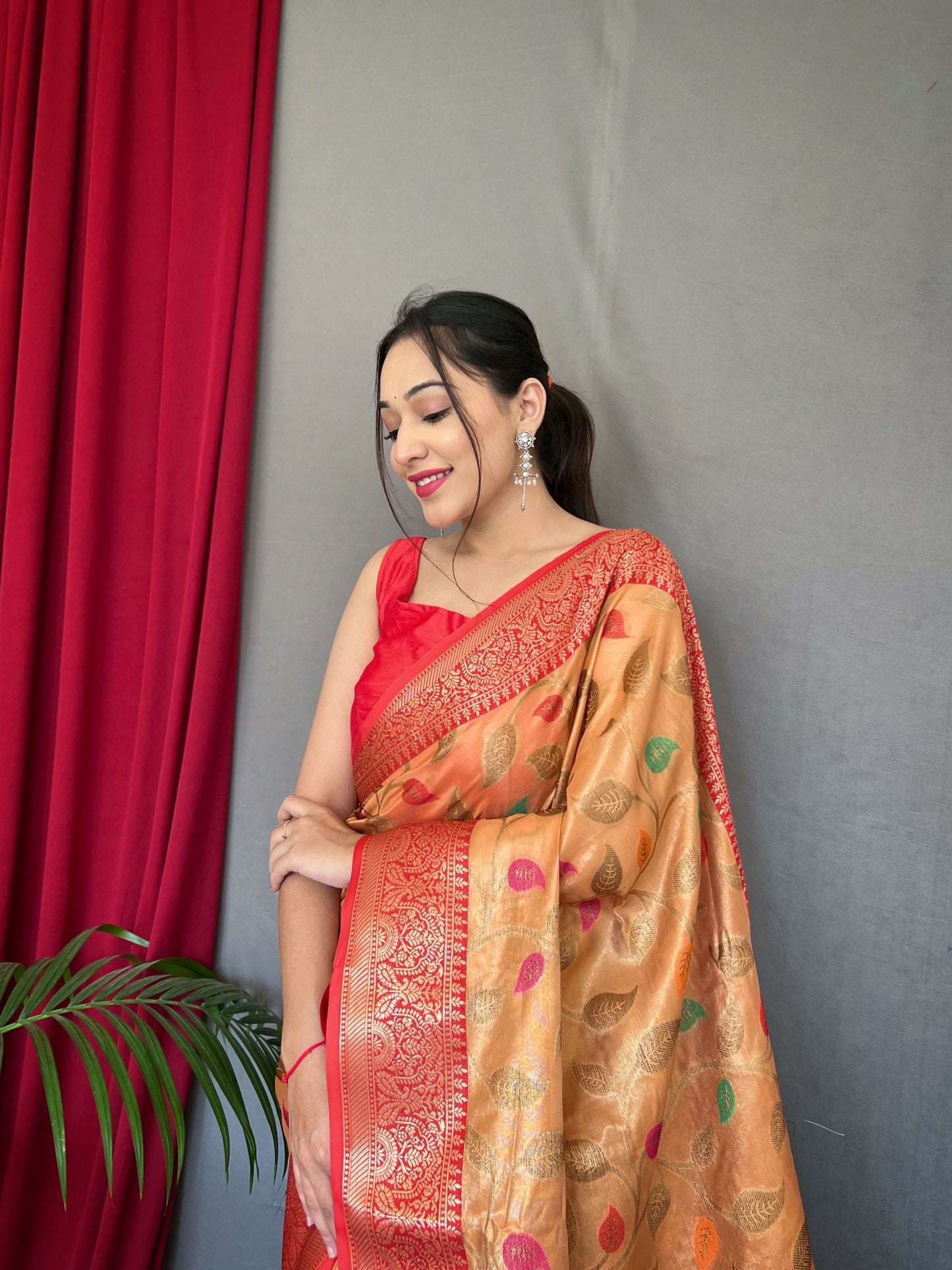 Peach Color Pure Tissue Silk Saree With Zari Weaving