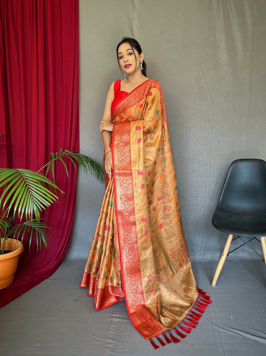 Peach Color Pure Tissue Silk Saree With Zari Weaving
